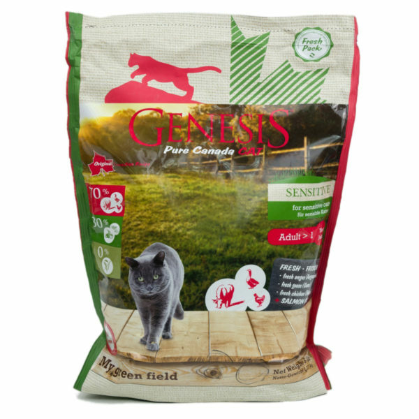 Царство домашних животных. Genesis Pure Canada My Green Field Sensitive для взрослых кошек с чувствительным пищеварением с говядиной, гусем и курицей.