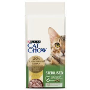 Царство домашних животных. Сухой корм Cat Chow для стерилизованных кошек и кастрированных котов, свысоким содержанием домашней птицы.
